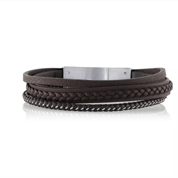HE ROCKS Other - HE ROCKS Brown Leather and Stainless Steel Triple Wrap Bracelet